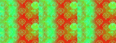 Çiçekler. Soyut etnik raster kusursuz desen. Vadinin çiçekleri yeşil, turuncu ve sarı renklerde.