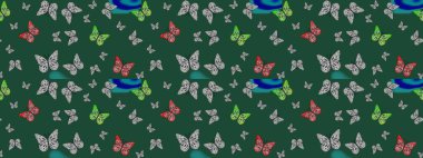 Yeşil renklerin çizimi. Raster Kelebekleri deseni. Güzel bir kumaş tasarımı. Soyut çizim arkaplanı.