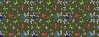 Yeşil arka planda bir resim. Kelebek deseni. Raster. Kumaş, tekstil, baskı ve davetiye örnekleri. Çizim.