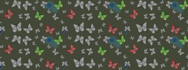 Davetiye, kart ve parmak izi için basit kadınsı bir model. Raster illüstrasyonu. Robot resim. Yeşil arka planda kelebek. Rastgele yeşil kelebekler şirin desenler.