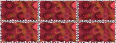 1950-1960 motifleri. El çizimi çiçek unsurları olan soyut, dikişsiz raster deseni. Çiçekli ipek eşarp. Retro tekstil tasarım koleksiyonu. Kırmızıda kırmızı.