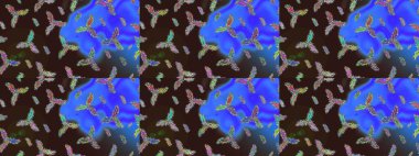 Kar tanelerinin soyut arkaplanlı Noel şablonu. Raster illüstrasyonu. Renkler. Kahverengi, mavi ve mor kar taneleri. Noel ve Yeni Yıl moda baskıları için tatil tasarımı.