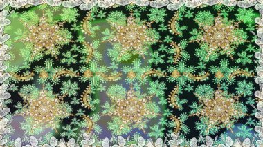 Yeşil renklerdeki altın element. Altın desenli çiçek dekoru. Çizgi sanatı tasarım şablonu için kusursuz sınır. Doğu tarzı element. Davetiyeler, kartlar, web sayfası için Raster illüstrasyonu.