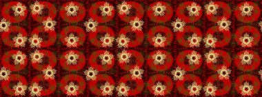 El çizimi, dövme stili karalama, kumaş tasarımı ve Raster illüstrasyonunda kartlar. Sanat terapisi tarzı için kırmızı, kahverengi ve sarı mandala şekilli kar taneleri..