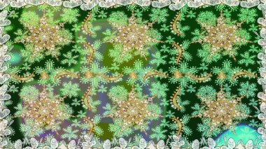 Yeşil renklerde, altın elementlerle kusursuz desen. Kusursuz klasik raster altın desenli. Klasik klasik klasik arka plan. Raster illüstrasyonu. Geleneksel oryantasyon süsü.