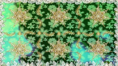 Doğu tarzı element. Davetiyeler, kartlar, web sayfası için Raster illüstrasyon. Yeşil renklerdeki altın element. Çizgi sanatı tasarım şablonu için kusursuz sınır. Altın çizgili çiçek dekoru.