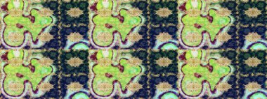 Süslü raster dekorasyonu. Altın elementlerle yeşil renklerde altın desen. Barok biçiminde duvar kağıdı tasarımı için şablon çizimi arkaplanı.