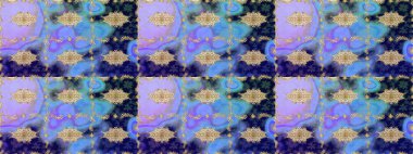 Çiçek kiremitleri. İslam tasarımı. Eskiz desenli oryantal süs. Raster altın tekstil baskısı. Altın elementlerle mavi renklerde altın desen.