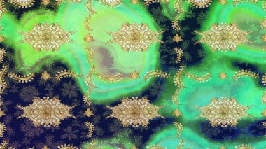 Yeşil renkte altın elementler. Şık bir grafik desen. Skeç raster arka planı. Duvar kâğıdı barok, İspanyol kumaşı. Çiçek deseni.