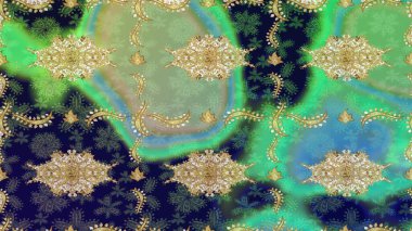 Yeşil renkli ve altın elementli desen. Altın kaplamalı yeşil fon. Klasik mobilya tarzı. Patina. Lüks mobilyalar. Oyma. Küçük bir alan derinliği. Eskiz ögesi tahta oymacılığı.