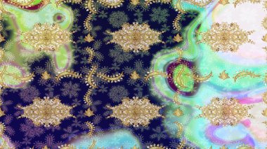 Raster illüstrasyonu. Süslü dekorasyon. Damask altın soyut çiçek deseni nötr renkler üzerine çizim.