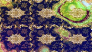 Barok tarzında altın çiçekli süs. Mavi renklerdeki altın element. Damask çizimi tekrarlanıyor. Antika altın tekrarlanabilir duvar kağıdı.