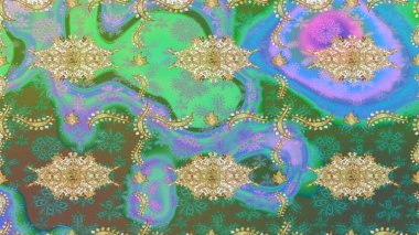 Yeşil renkler ve altın elementler üzerine çizim. Geleneksel oryantasyon süsü. Klasik klasik klasik arka plan. Klasik Raster altın desenini çiz.