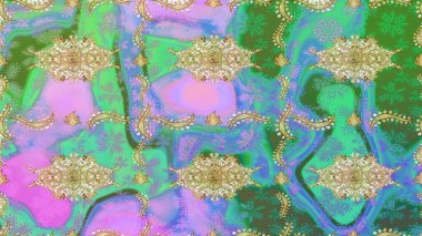 Altın şablonu çiz. Raster oryantal süs. Yeşil renkler ve altın elementler üzerine çizim deseni.