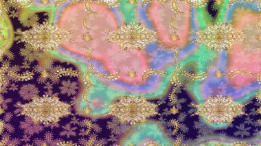 Çiçek kiremitleri. Altın elementlerle nötr renklerde altın desen. Eskiz desenli oryantal süs. İslam tasarımı. Raster altın tekstil baskısı.