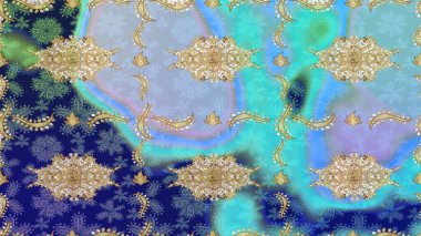 Klasik Raster Golden eskiz kalıbı. Geleneksel oryantasyon süsü. Mavi renkler ve altın elementler üzerine çizim. Klasik vintage arkaplan.