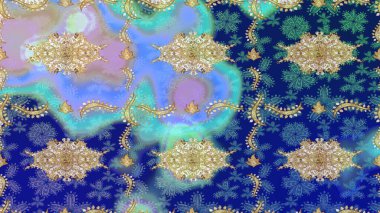 Düz elle çizilmiş klasik koleksiyon. Arkaplan, kumaş, altın duvar kağıdı. Raster Golden eskiz kalıbı. Altın elementlerle mavi renklerde altın desen.