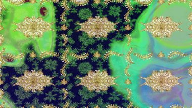 Yeşil renklerdeki altın element. Barok tarzında altın çiçekli süs. Antika altın tekrarlanabilir duvar kağıdı. Şam çizimi tekrarlanan desen.