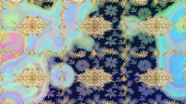 Damask eskiz süsü. Geleneksel raster ve altın desen. Klasik oryantal desen mavi renkler üzerinde.