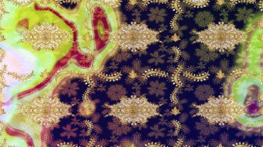 Parlak dantel, stilize çiçekler, şal desenli. Hassas altın deseni açın. Gri renkli ve altın elementli eskiz deseni. Altın desenli bukleler çiz. Raster. Doğu tarzı arabesk.