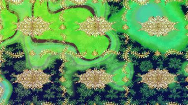 Kış sembolü, Mutlu Noeller, Mutlu yıllar 2019. Soyut duvar kâğıdı, ambalaj dekorasyonu. Yeşil renkli Raster altın deseni. Altın kar tanesi basit çizim kalıbı.