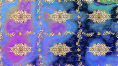 Raster oryantal süs. Mavi renkler ve altın elementler üzerine çizim. Altın deseni çiz.