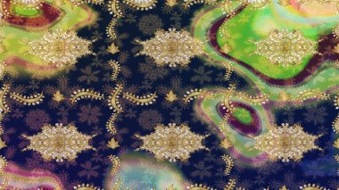 Tasarım için Damask çizim kalıbı. Gri renklerle altın elementlerle Raster eskiz deseni.