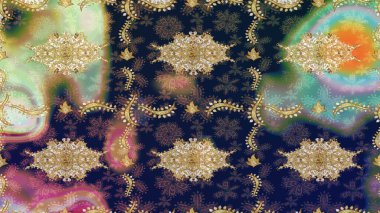 Damask çizimi tekrarlanıyor. Mavi renklerdeki altın element. Barok tarzında altın çiçekli süs. Doku arkaplanı üzerine altın duvar kağıdı.