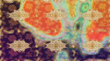 Duvar kâğıdı barok, İspanyol kumaşı. Skeç raster arka planı. Çiçek deseni. Şık bir grafik desen. Turuncu renklerdeki altın elementler.