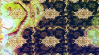 Mavi renkli ve altın elementli Raster eskiz deseni. Tasarım için Damask çizim deseni.