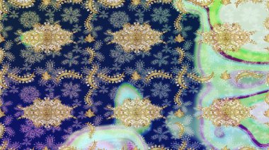 Klasik Raster Golden eskiz kalıbı. Çiçek süsü kumaş deseni, cam, altın elementlerle mavi renklerde çiçek desenli metal..