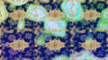 Antika altın tekrarlanabilir duvar kağıdı. Damask çizim kalıbı arka planı tekrarlıyor. Mavi renklerdeki altın element. Barok tarzında altın çiçek süsü..