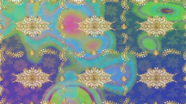 Damask arkaplanı. Barok tarzında altın çiçekli süs. Altın çiçekli eskiz deseni. Mavi renkteki altın element.