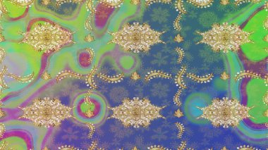 Ortaçağ çiçek desenini çiz. Tarafsız renklerde altın. Raster illüstrasyonu. Doğum günü kartı, davetiye ya da afiş için iyidir. Dekoratif simetri arabesk.