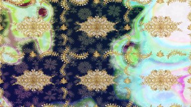 Barok tarzında eskiz oryantal süsü. Altın elementlerle nötr renklerde altın desen. Raster oryantal süs. Geleneksel klasik altın desen.