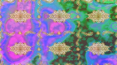 Klasik Raster altın desenini çiz. Klasik klasik klasik arka plan. Mor renkler ve altın elementler üzerine çizim. Geleneksel oryantasyon süsü.