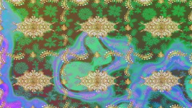 Lüks, kraliyet ve Viktorya dönemi konsepti. Altın elementli yeşil renkli altın desen. Raster klasik barok çiçek deseni altın rengi. Süsleme.