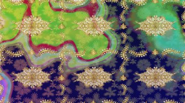 Raster eskiz deseni, altın antika ortaçağ dekoratifi, yapraklar ve yeşil renkli altın desenli süslemeler. Kraliyet lüksü, altın barok kumaş rengi..