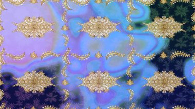 Eskiz kalıbı altın elementler. Raster illüstrasyonu. Kart, duvar kağıdı, ambalaj ve tekstil için klasik tasarım. Altın şablon. Klasik çiçek dokusu. Mavi renkte Royal retro.