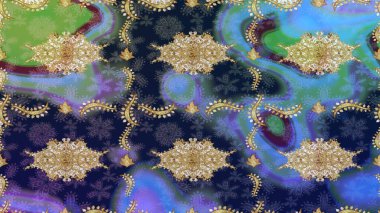 Soyut duvar kâğıdı, ambalaj dekorasyonu. Mavi renkli Raster altın deseni. Kış sembolü, Mutlu Noeller, Mutlu yıllar 2019. Altın kar tanesi basit çizim kalıbı.