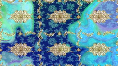 Tekrarlayan elementlerle soyut arkaplan oluşturun. Altın elementli mavi renklerde altın eskiz deseni. Raster illüstrasyonu. Sketch damask klasik altın desen.