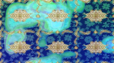 Klasik raster mavisi ve altın desenli çizim. Geleneksel oryantasyon süsü. Klasik vintage arkaplan.