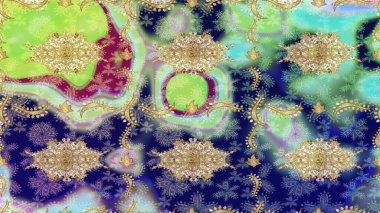 Altın elementli mavi renkler. Raster altın desen. Raster illüstrasyonu. Doğu tarzı arabesk. Altın desenli bukleler çiz.