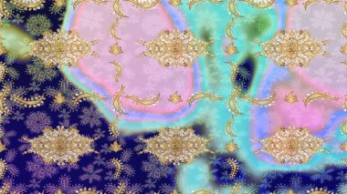 Kraliyet lüksü, altın barok kumaş rengi eskiz. Raster eskiz deseni altın antika ortaçağ dekoratifi, yapraklar ve altın desenli süslemeler tarafsız renklerde..