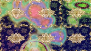 Barok tarzında duvar kâğıdı tasarımı için eskiz şablonu arka planı. Süslü raster dekorasyonu. Altın elementlerle nötr renklerde altın desen.