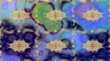 Hassas altın deseni açın. Parlak dantel, stilize çiçekler, şal desenli. Mavi renkler ve altın elementler üzerine çizim. Raster. Doğu tarzı arabesk. Altın desenli bukleler çiz.