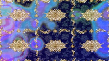 Düz elle çizilmiş klasik koleksiyon. Raster Golden eskiz kalıbı. Altın elementlerle mavi renklerde altın desen. Arkaplan, kumaş, altın duvar kağıdı.