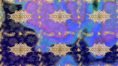Altın şablonu çiz. Raster oryantal süs. Mor renkler ve altın elementlerle çizim deseni.
