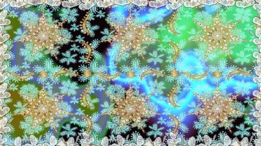 Tarafsız renklerde, altın elementlerle kusursuz desen. Parlak dantel, stilize çiçekler, şal desenli. Raster. Doğu tarzı arabesk. Hassas altın deseni açın. Kusursuz altın dokular bukleler.