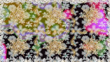 Altın karalama fantezi yapraklarından ve gri renkli çiçeklerden Raster soyut çiçek çelengi. El yapımı dekoratif çerçeve, albüm kapağı, tebrik kartı, klasik Art deco tarzı.